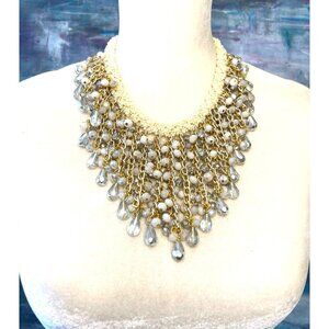 Statement Bib Necklace With White Beads Gray Crystals & Gold Chains By Ailema